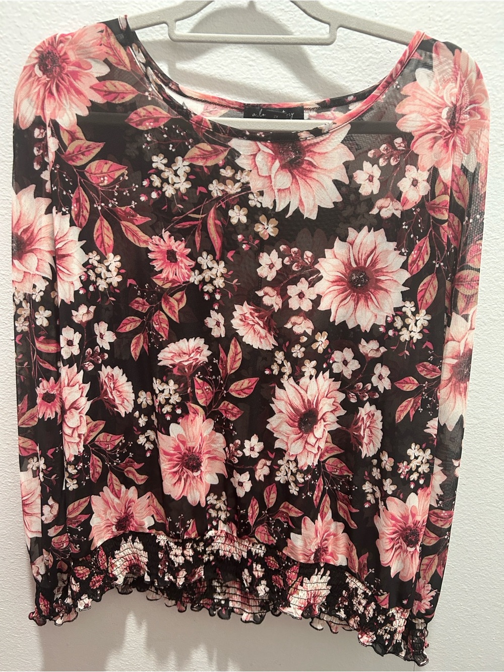 Sheer Black Blouse with Pink Floral Print